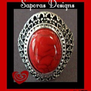 Tibetan Silver & Red Turquoise Size 10 Ring Unisex Native Ethnic Tribal